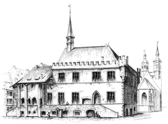 Altes Rathaus in Göttingen, Südniedersachsen, Zeichnung von H. W. H. Mithoff 1869. Original-Bildunterschrift